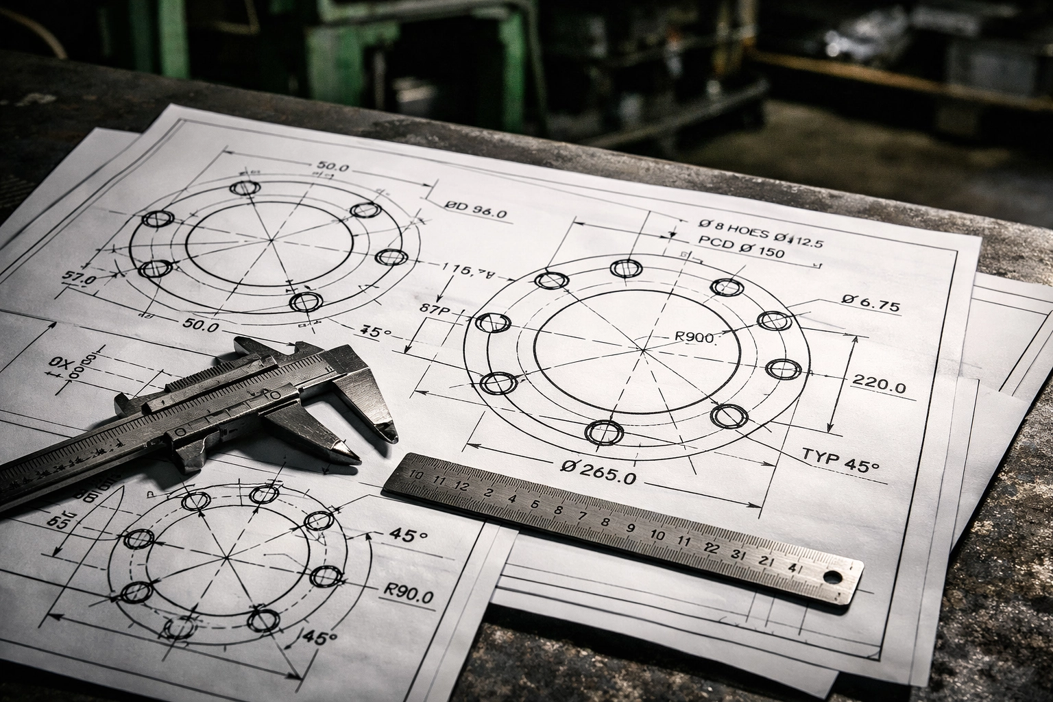 Anchor bolt cage shop drawings with precision measurement tools and bolt pattern layouts