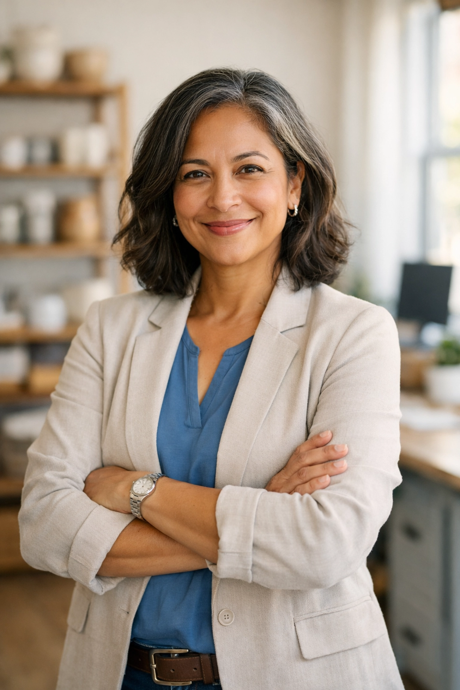 Confident small business owner in office after choosing payroll services