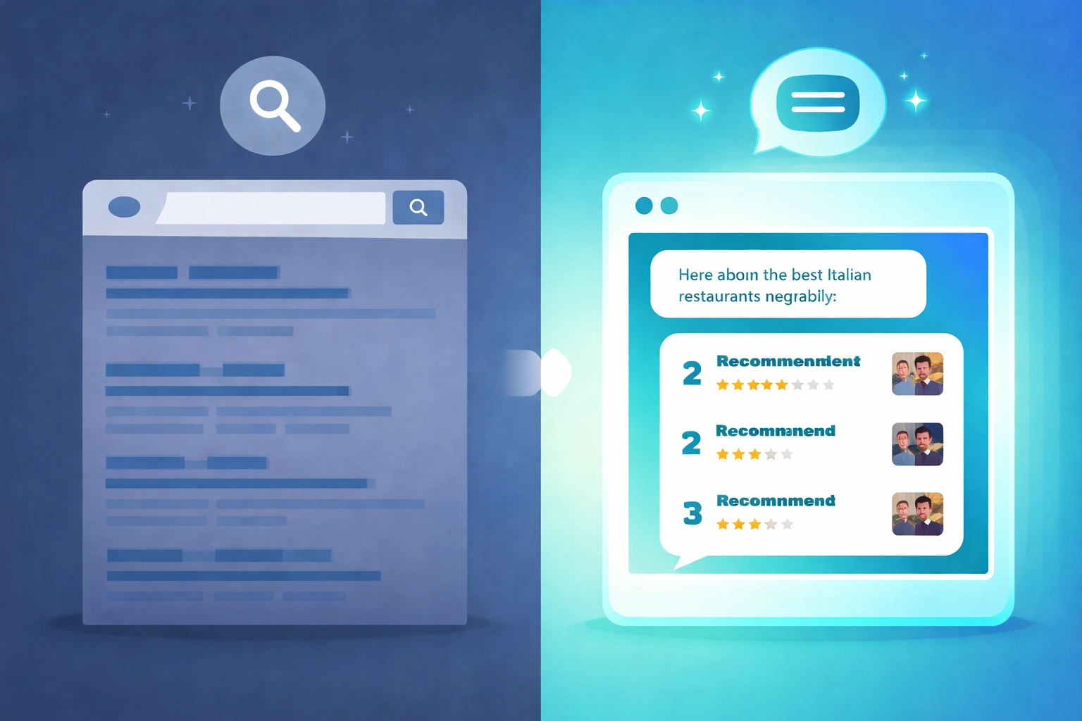 Split-screen comparison showing traditional SEO search results versus an AI chat interface with recommendations, illustrating the shift to AI-driven search.