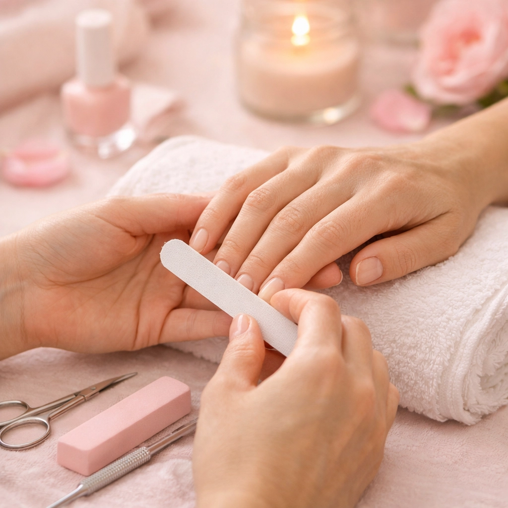 Hands receiving therapeutic manicure promoting self-care and emotional wellness
