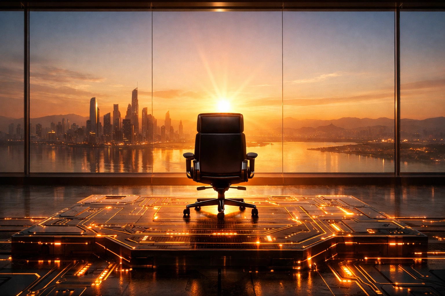 Executive office overlooking a city sunrise symbolizing freedom and reclaimed time through automation.