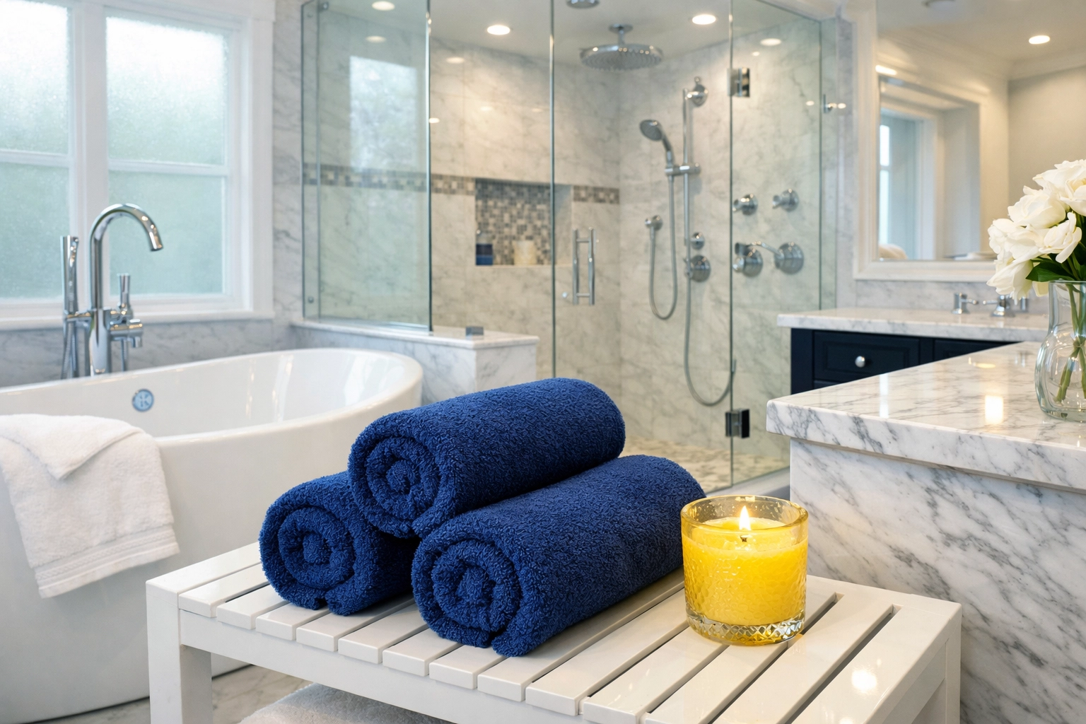 Pristine spa-like bathroom in Hudson, MA, maintained by professional weekly home cleaning services.