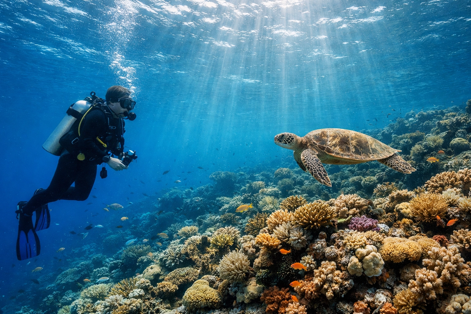 Marine biologist observing a sea turtle at a coral reef, showcasing ethical conservation-focused imagery.