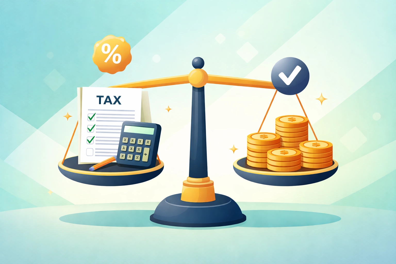 Balance scale with documents and coins, representing self-employment tax management and effective financial planning.