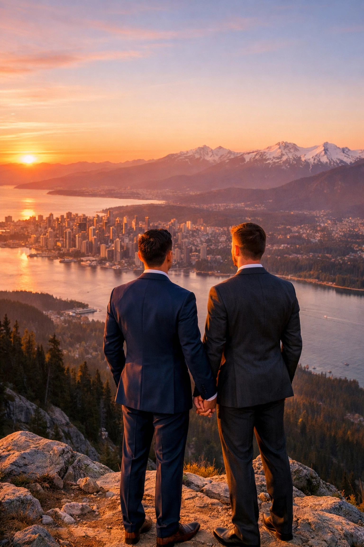 Two grooms overlooking Vancouver skyline and mountains at Pacific Northwest wedding destination