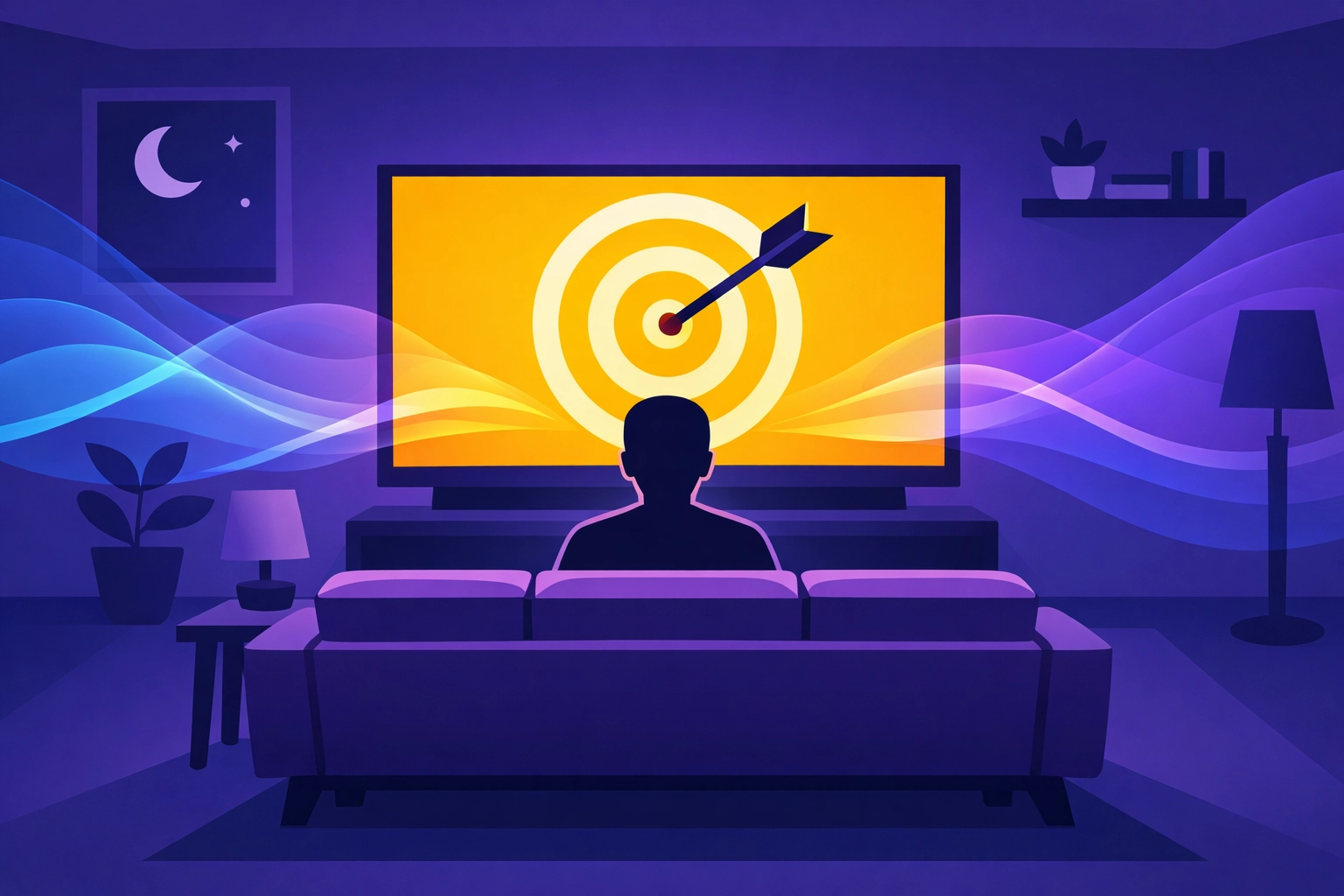 Illustration showing precision CTV targeting with a bullseye on a living room television screen.