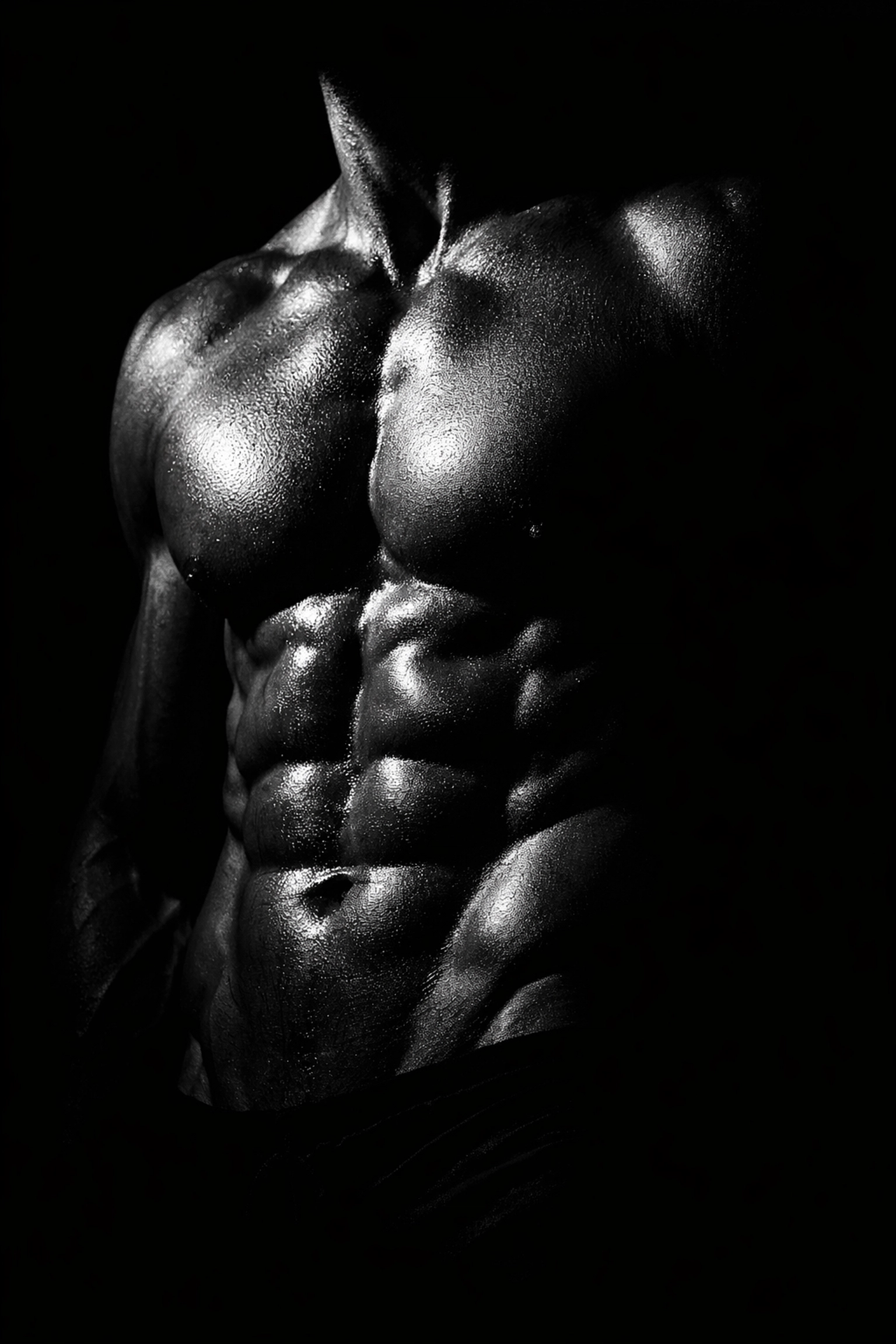 Black and white high-contrast art of a muscular male torso emphasizing chest and abdominal definition.