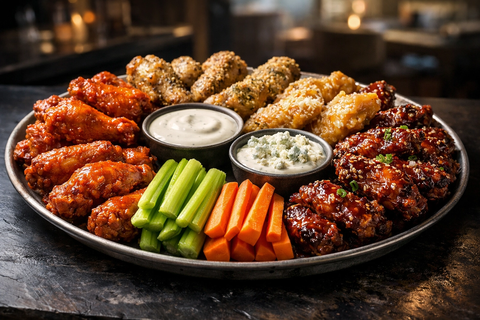 Platter of chicken wings with multiple sauces for Super Bowl watch party in Las Vegas