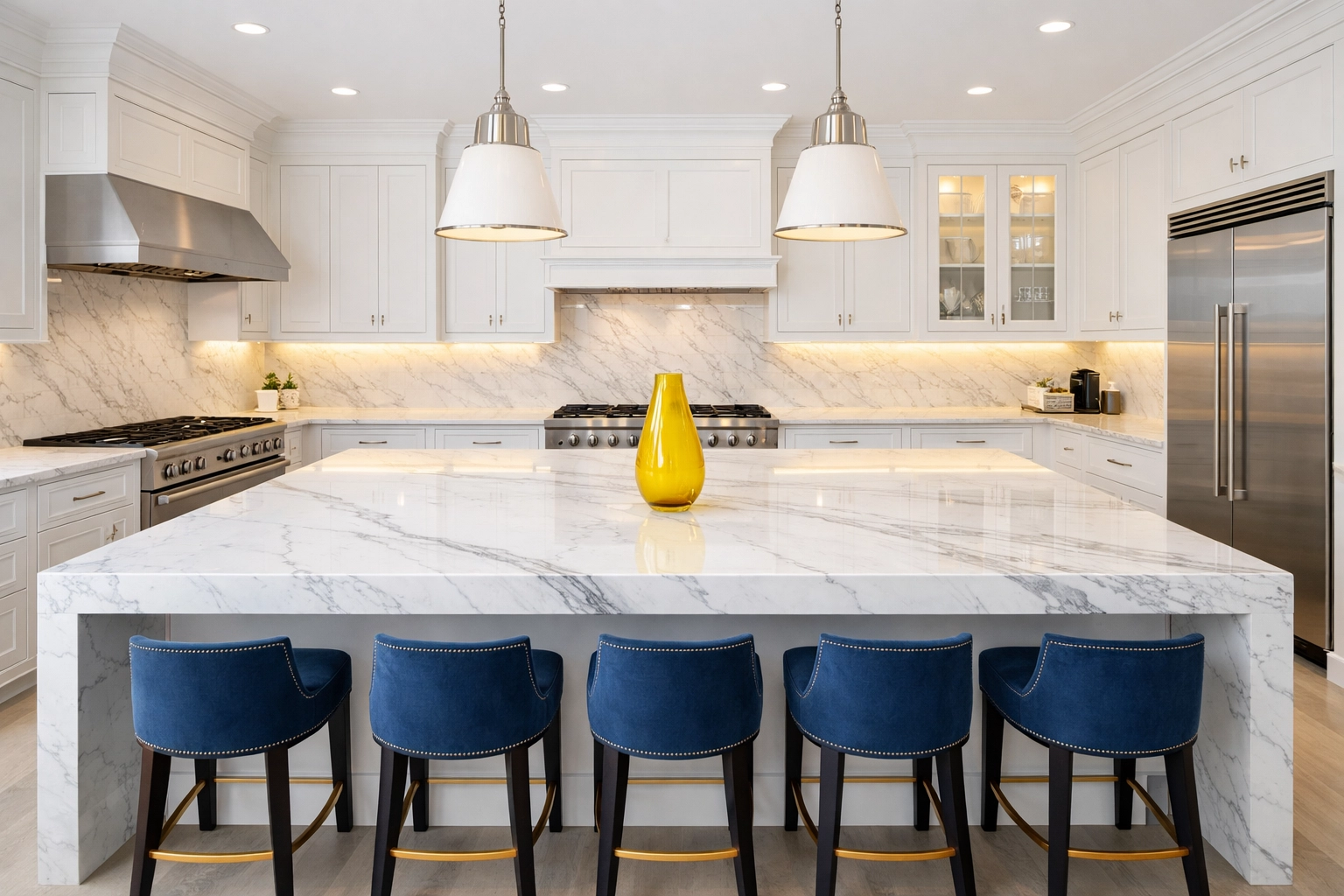 Sparkling clean gourmet kitchen with white marble island from a Weston MA maid service.