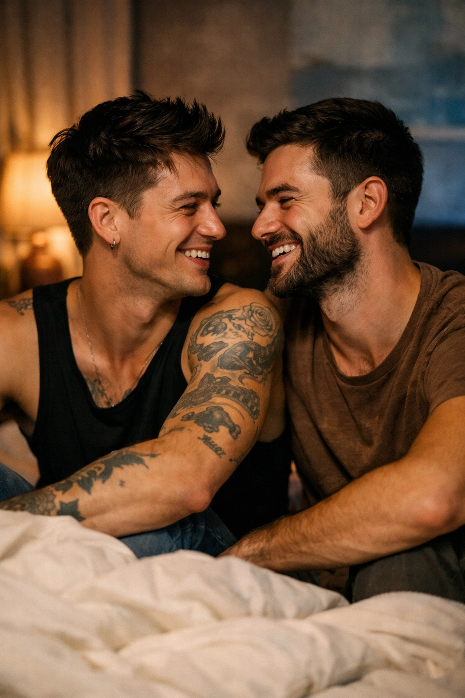 Two men sharing an intimate moment on a bed, highlighting trust and connection in a gay romance.