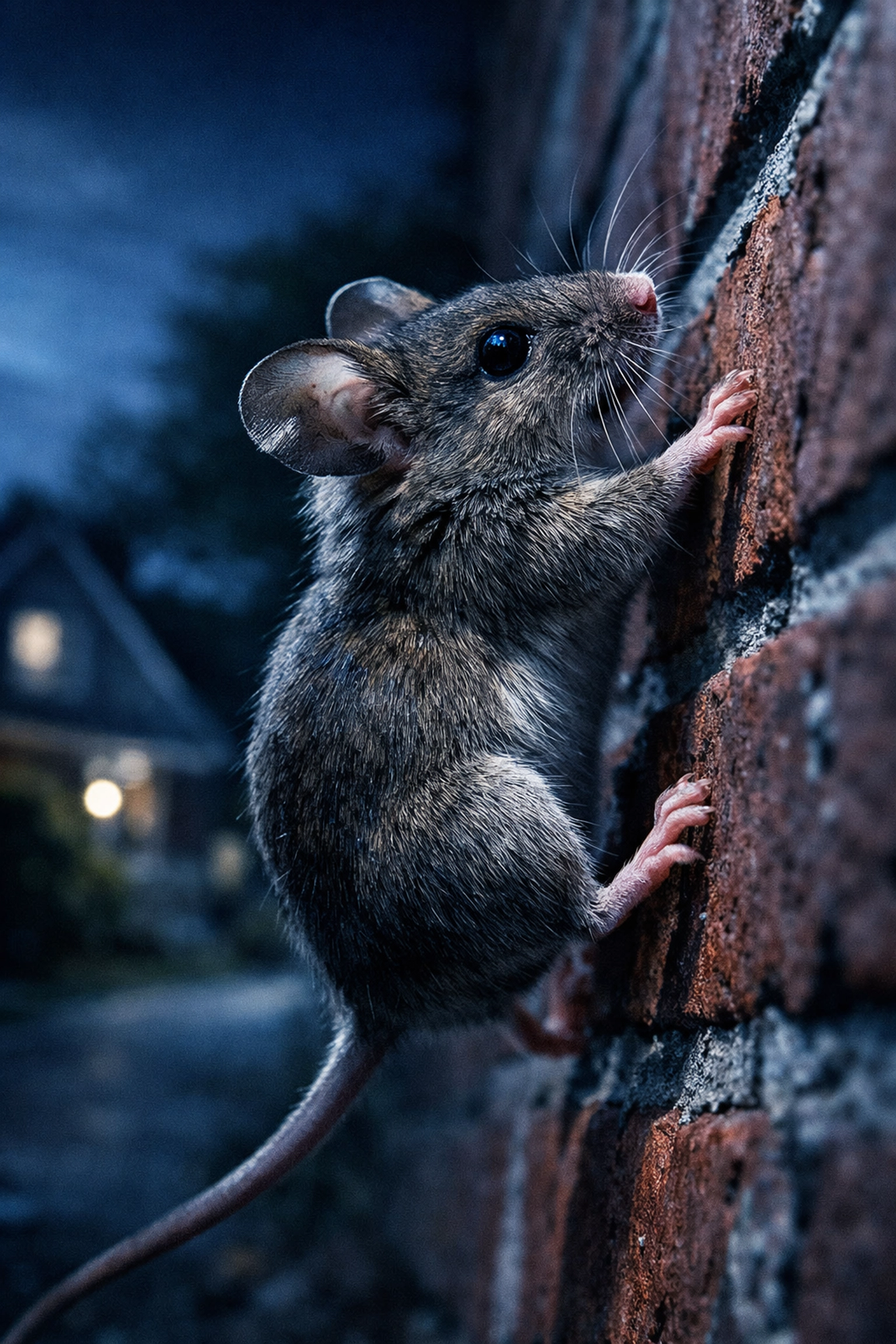 House mouse climbing a brick wall, illustrating the agile nature of pests needing rodent control Westchester NY.