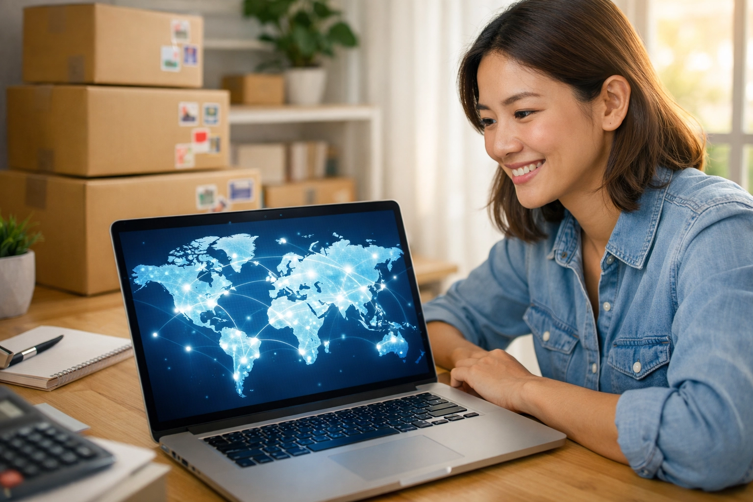 Small business owner reviewing a digital world map on a laptop for global market expansion.