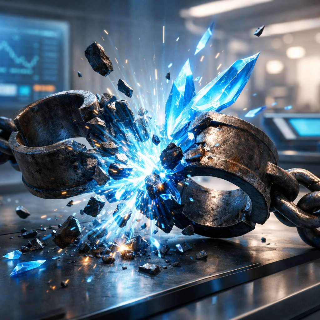 Breaking chains on a digital terminal representing merchant freedom and lower Web3 payment fees.