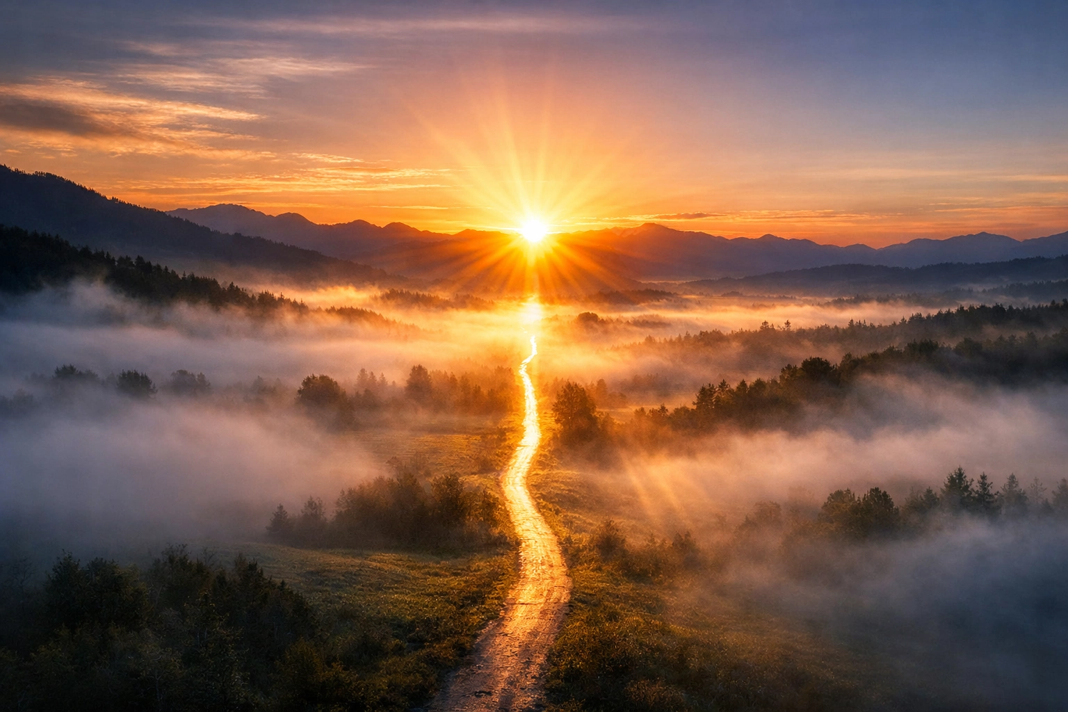 Sunrise over a misty valley illuminating a path, symbolizing the pursuit of truth and spiritual guidance.