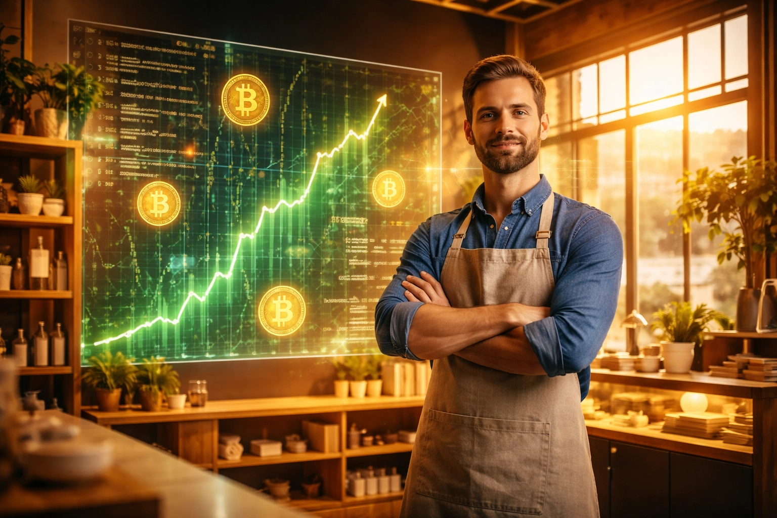 Small business owner in modern shop with crypto transaction display illustrating financial freedom and benefits of Web3 global payments.