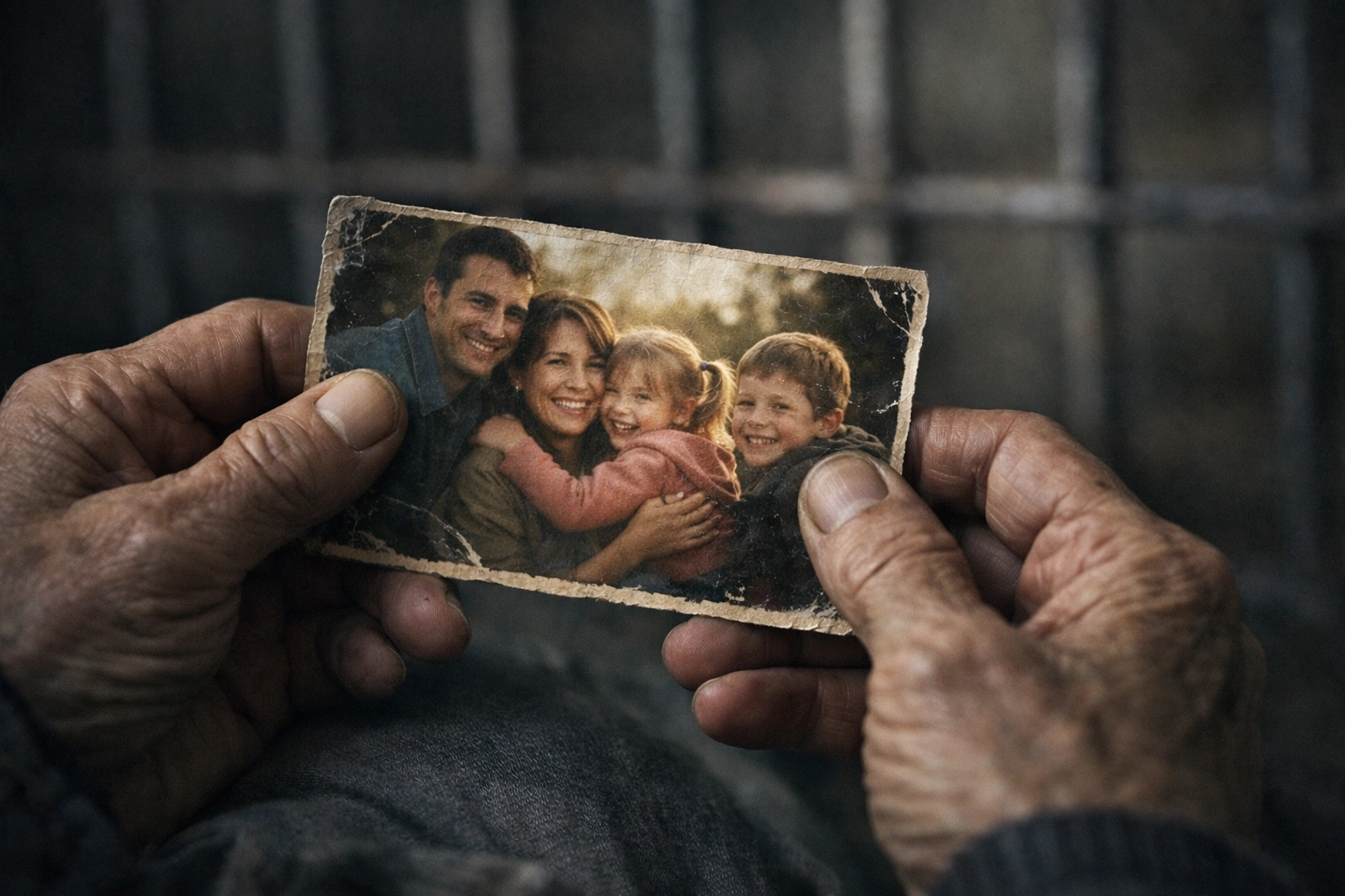 Hands holding family photo with prison bars symbolizing detention and hope for reunion