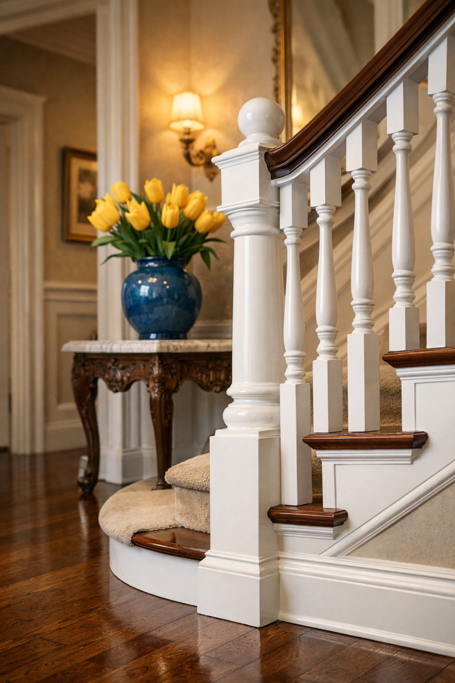 Spotless staircase and hallway in a Cambridge estate after a professional move-out cleaning Cambridge service.