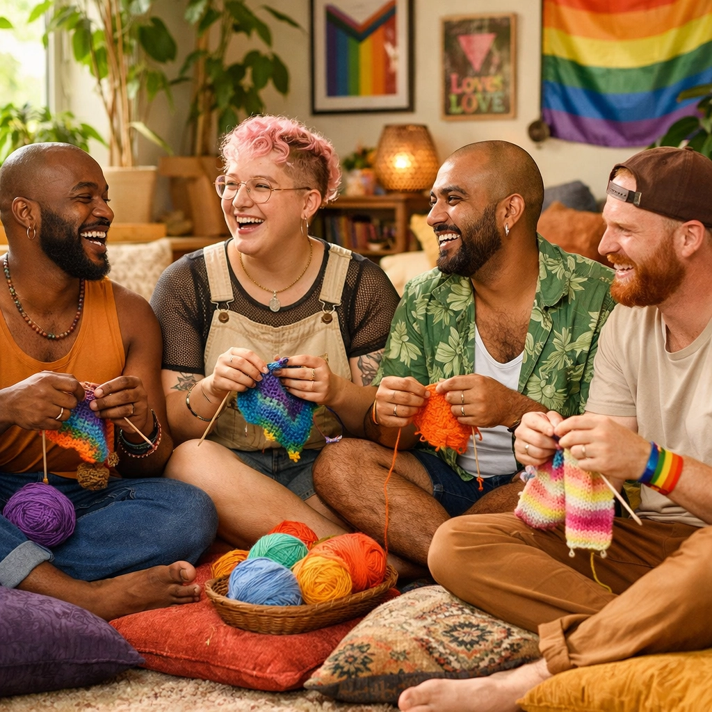 Diverse queer friends knitting and laughing together, illustrating the found family trope in community building.