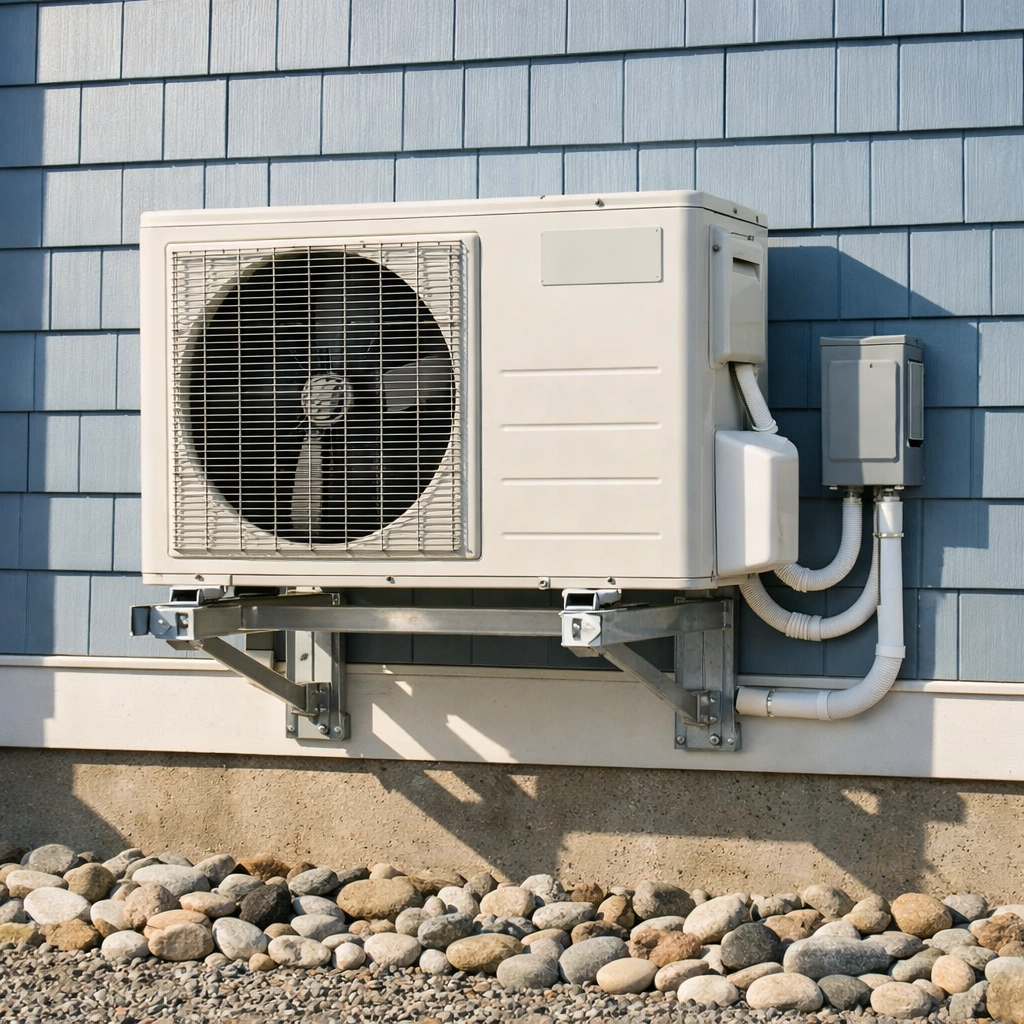 Professional installation of a durable mini-split outdoor condenser on a Southern Maine coastal home.