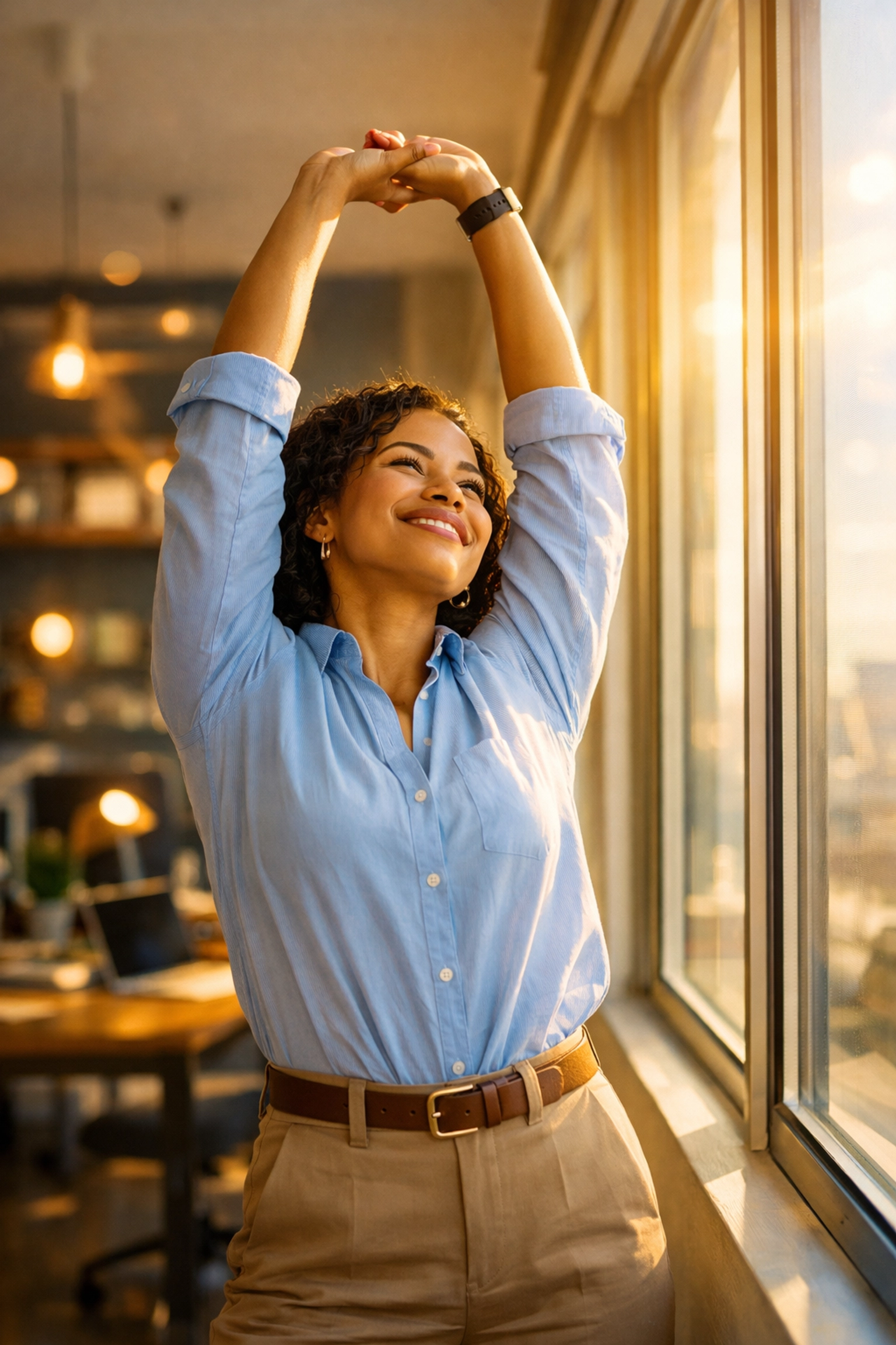 Professional stretching by office window in afternoon sunlight for fresh energy and renewed focus