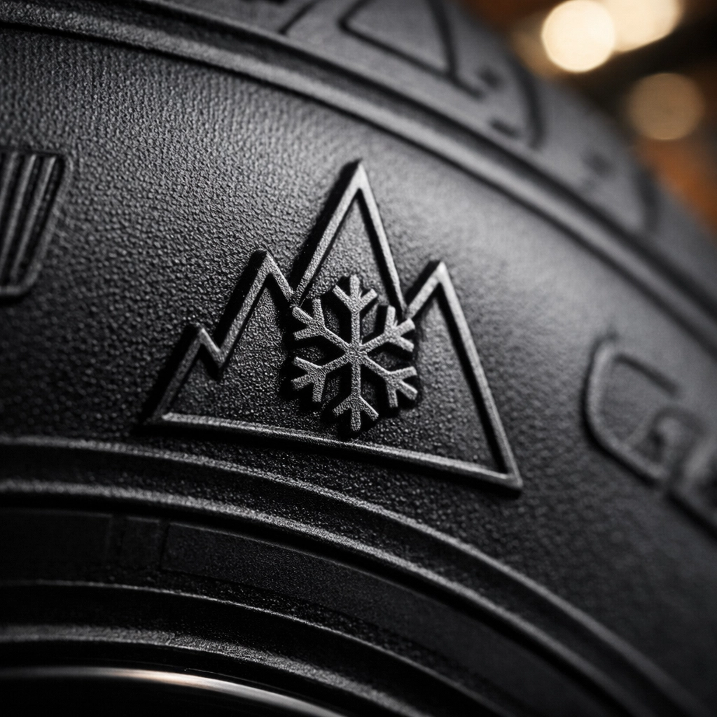 Close-up of the Three-Peak Mountain Snowflake symbol on an all-weather tire at a Brooklyn tire shop.