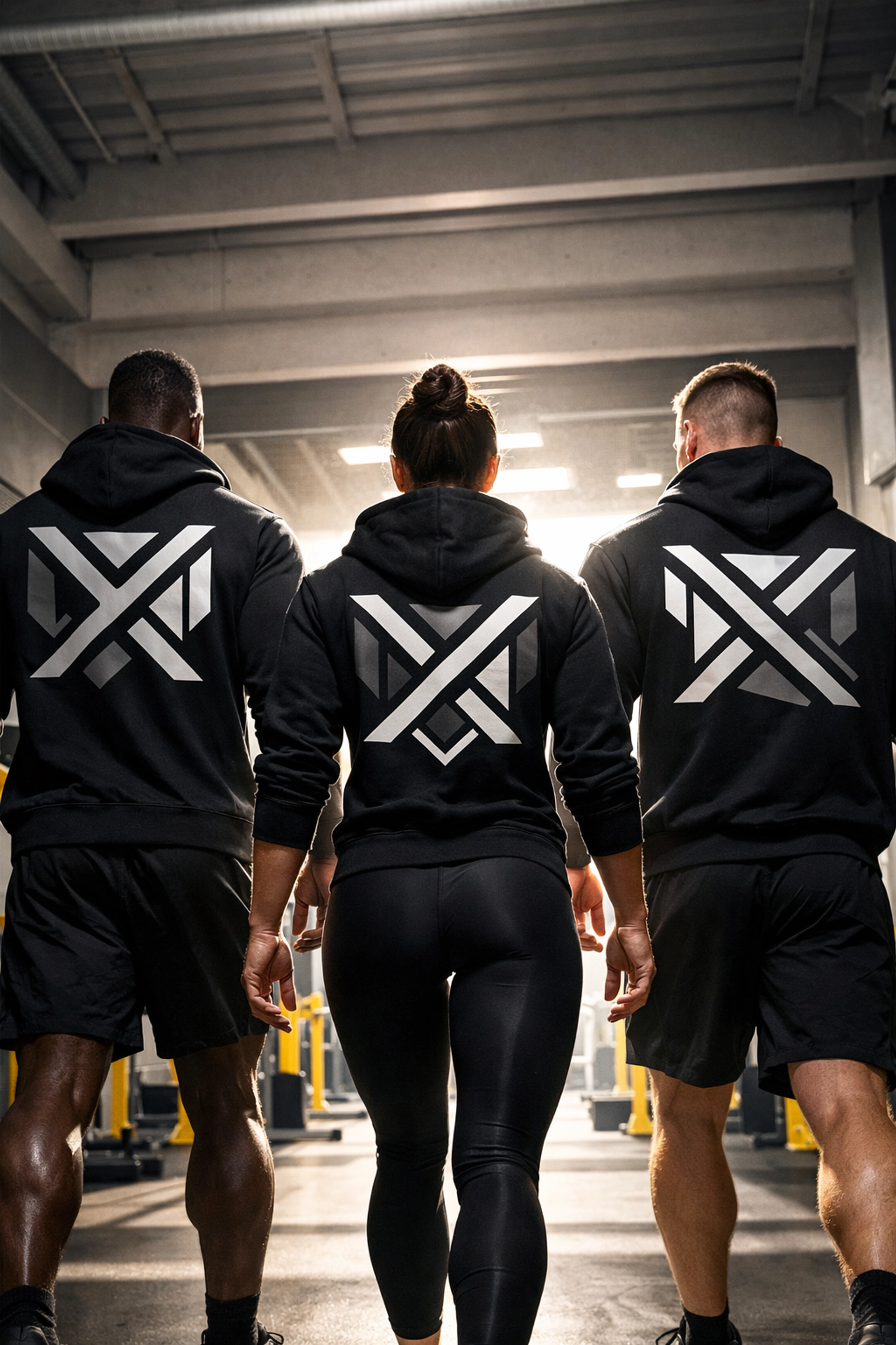 Athletes in matching custom hoodies with big back prints entering a professional sports academy.