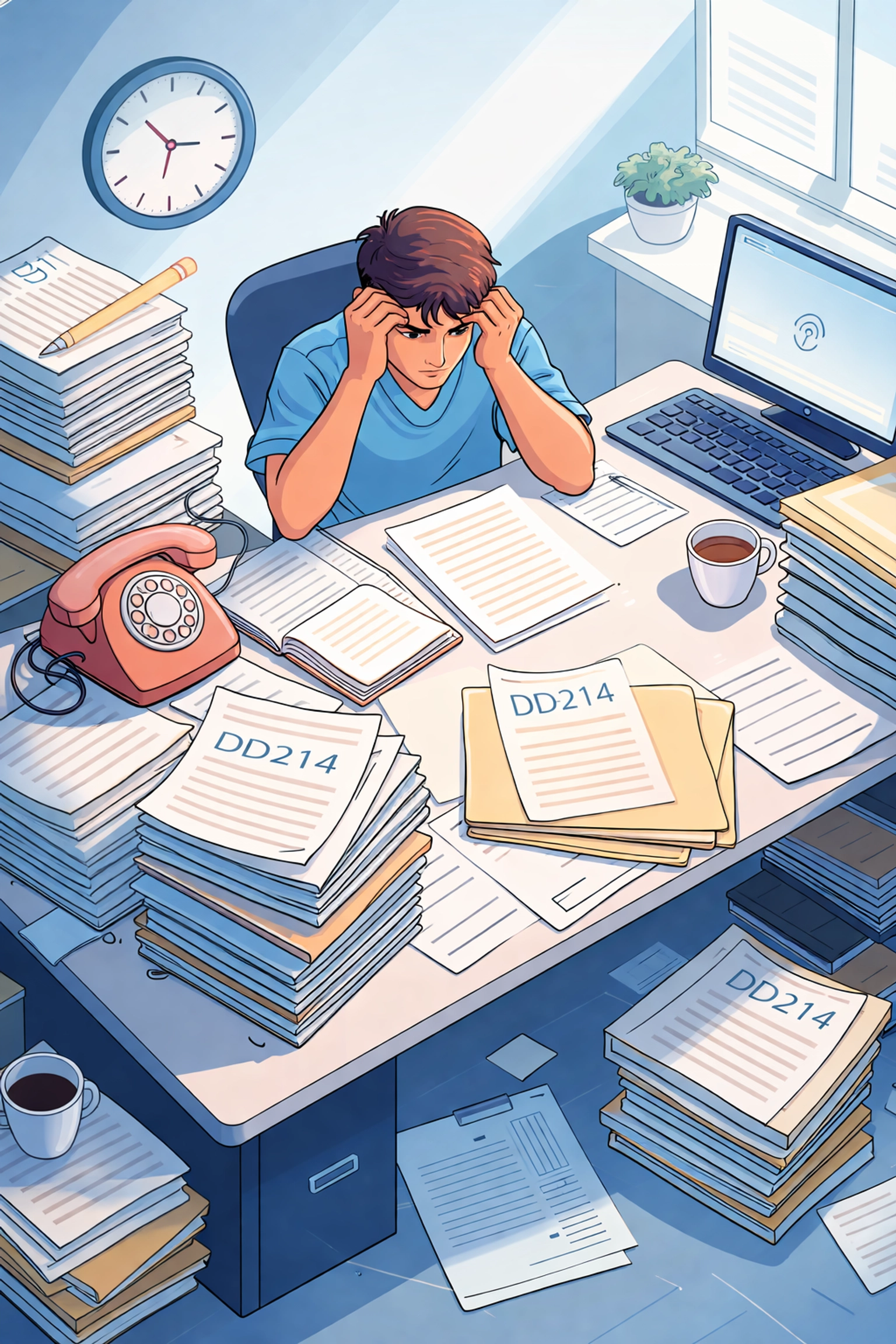 Overwhelmed SNF administrator surrounded by DD214 forms and paperwork, illustrating manual insurance verification challenges.