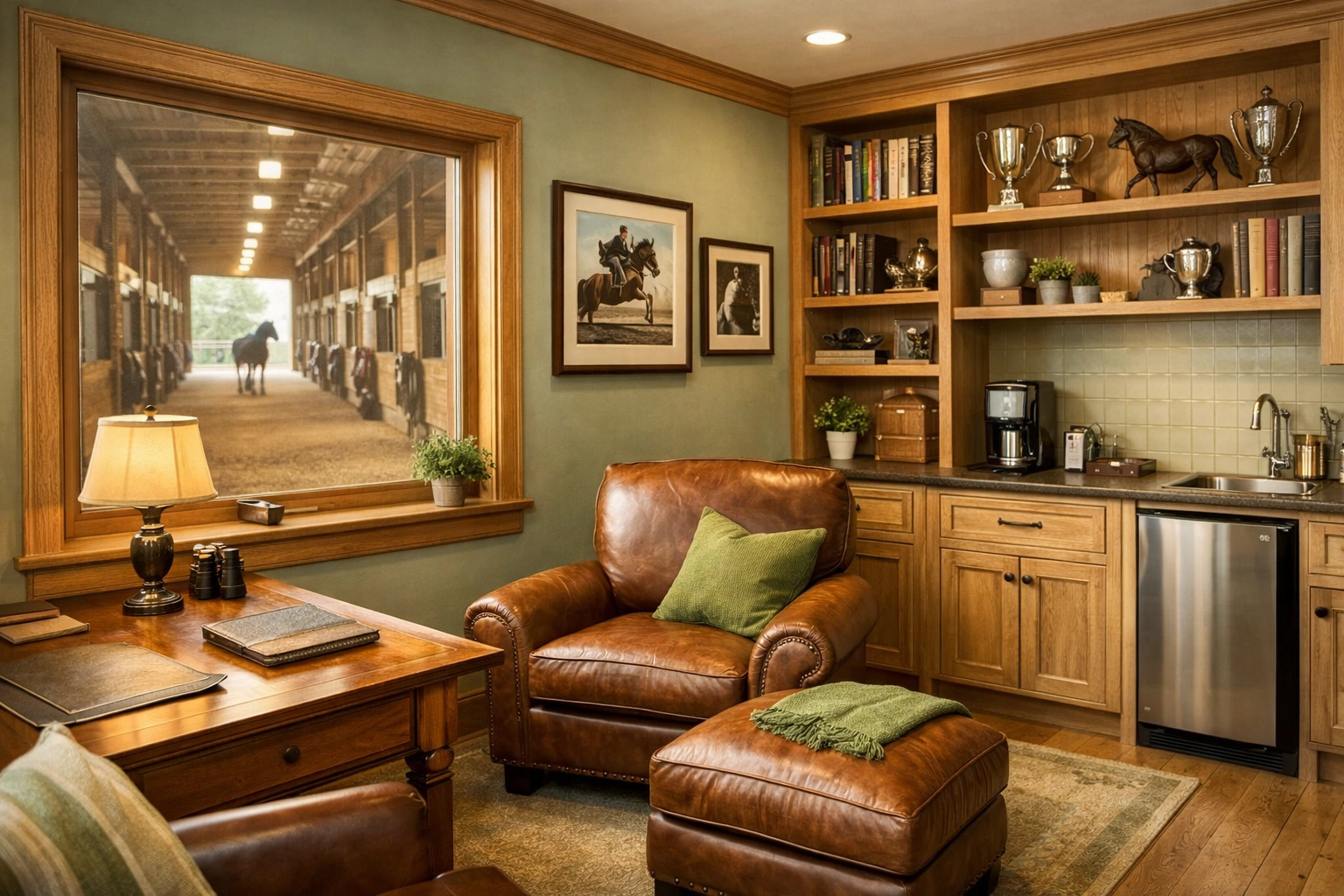 Climate-controlled barn office with windows overlooking stable aisle in Charlotte equestrian estate