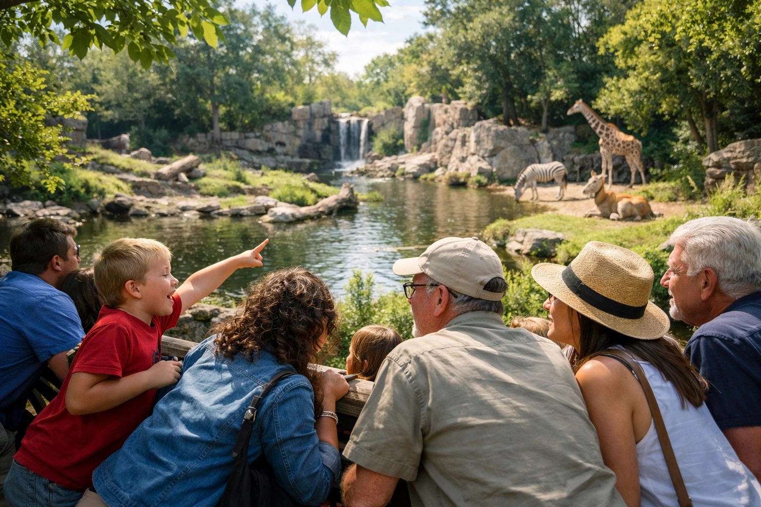 Zoo guests observing animals in naturalistic habitat exhibit with genuine engagement