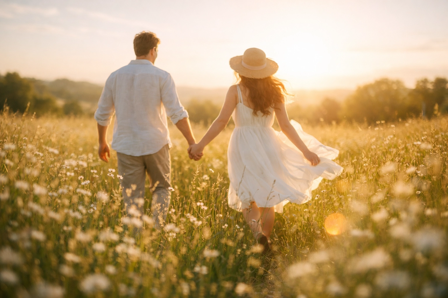 A happy couple walks through a sunny meadow, representing a debt-free start to their marriage.