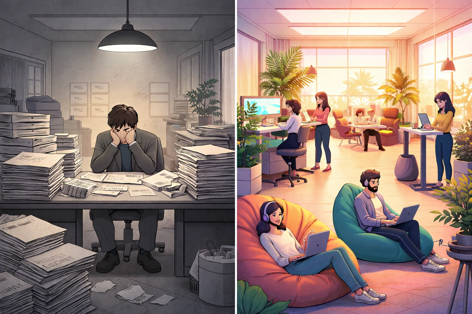 Comparison of traditional workplace barriers and a vibrant, universally designed neuro-inclusive office