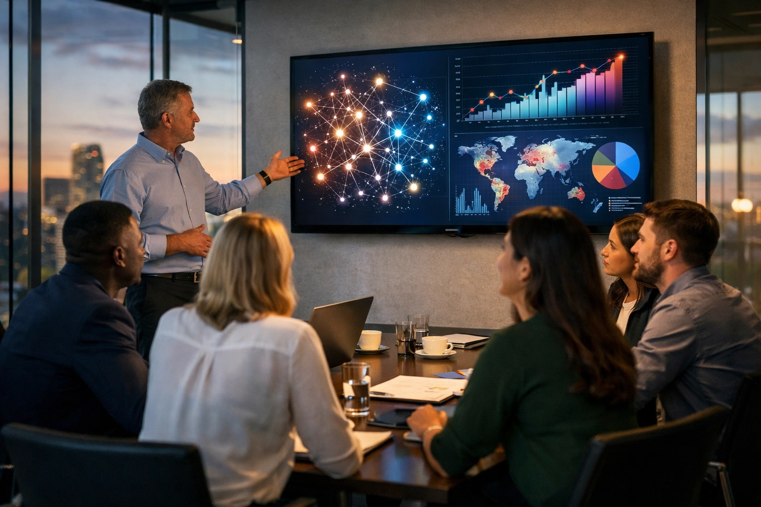 Dakdan strategy team reviewing analytics in a boardroom to guide media consulting and growth
