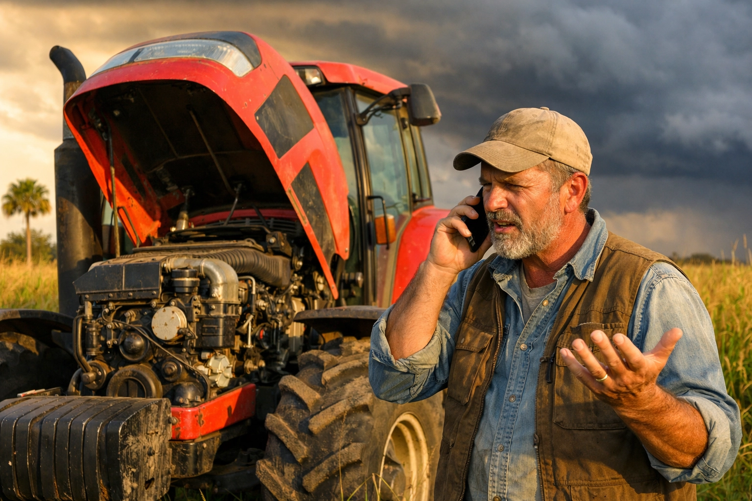 Farmer calling for tractor repair parts in Florida field with broken equipment and approaching storm