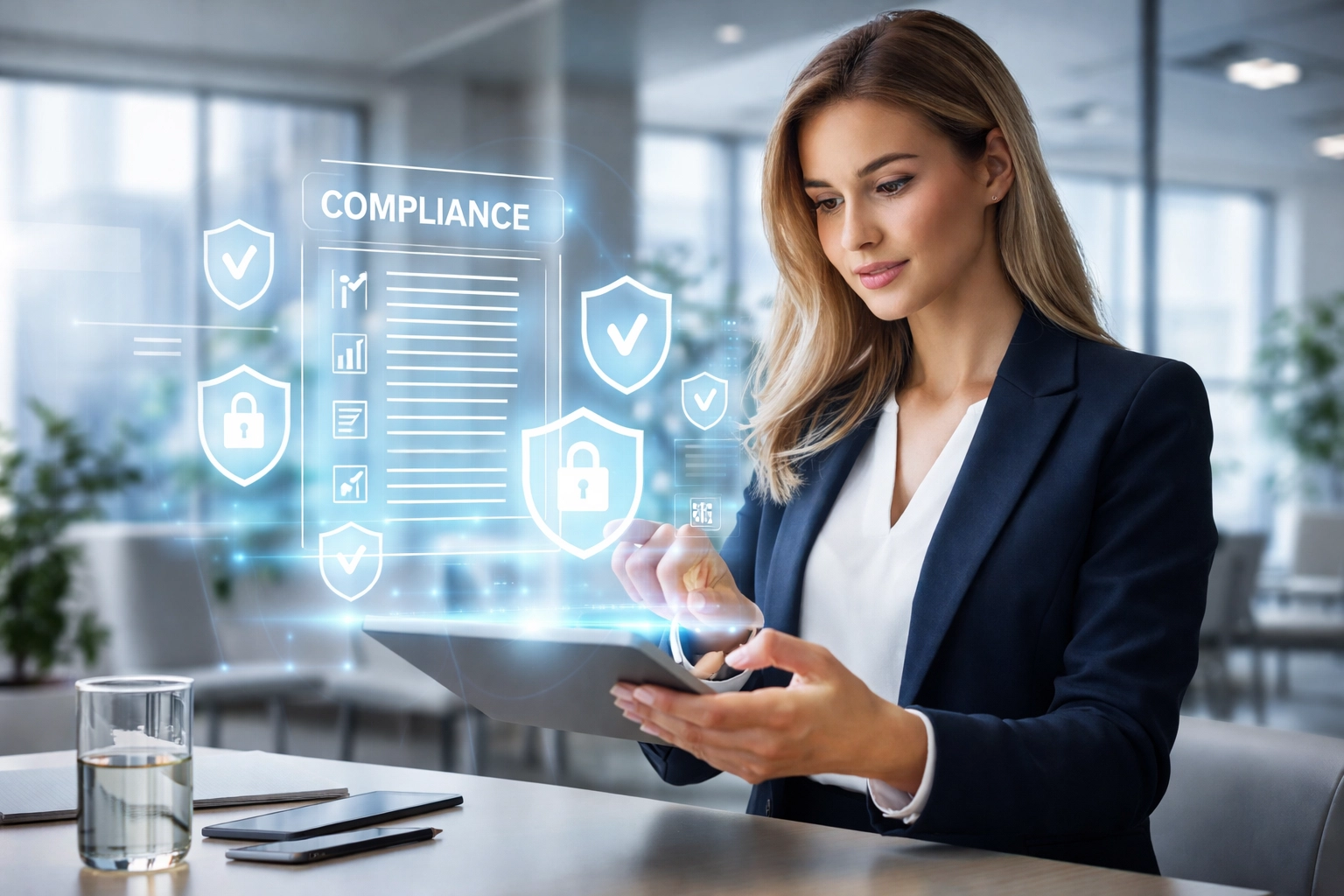 Businesswoman reviews digital compliance documents with AR, emphasizing trust, security, and MTL compliance in Larecoin crypto payments