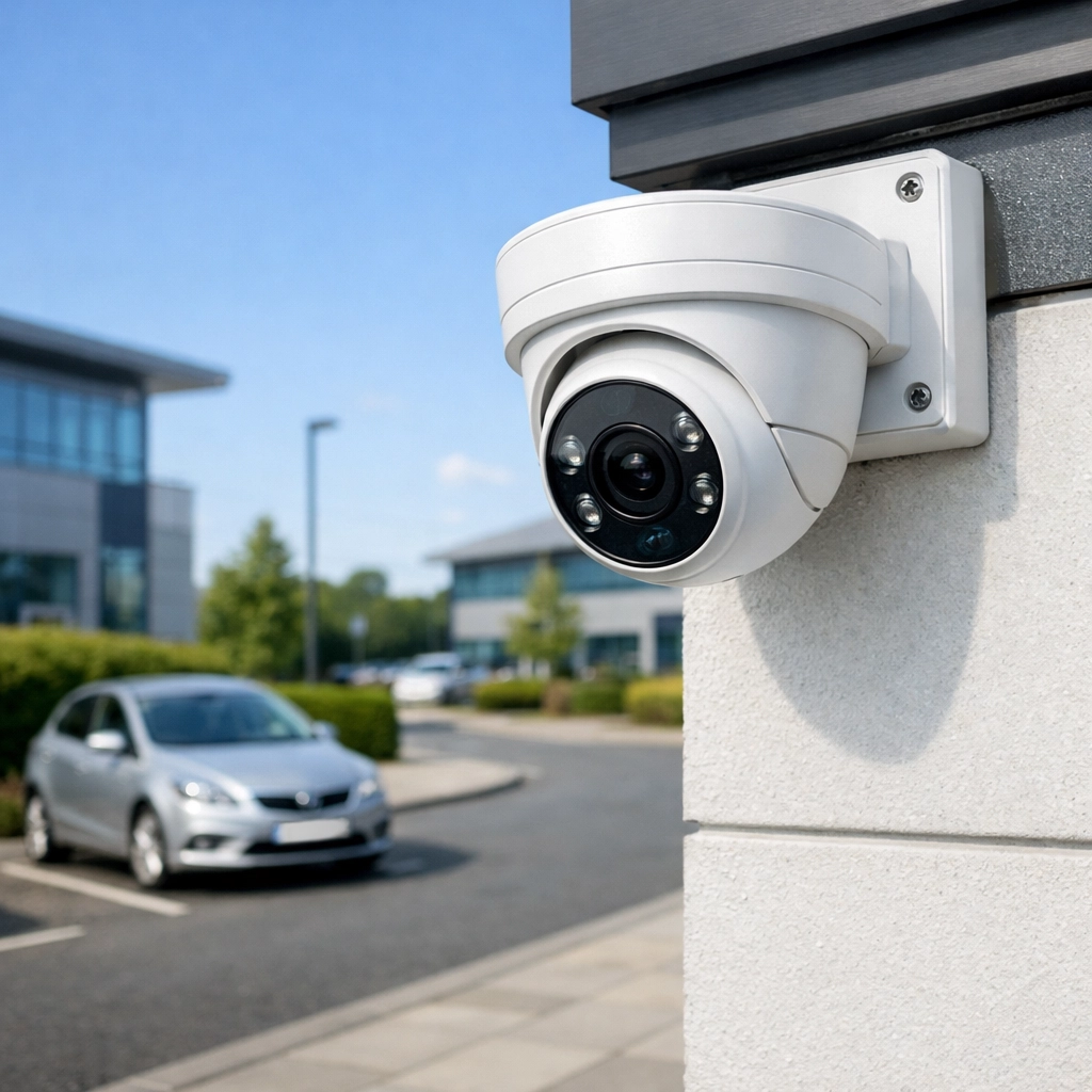 Modern white NVR IP turret security camera mounted on a professional UK business park building.