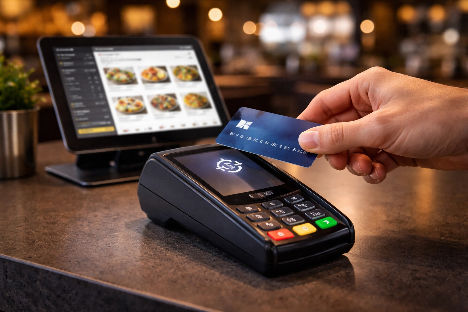Modern restaurant point-of-sale system with contactless payment and online menu shows importance of cyber liability coverage.