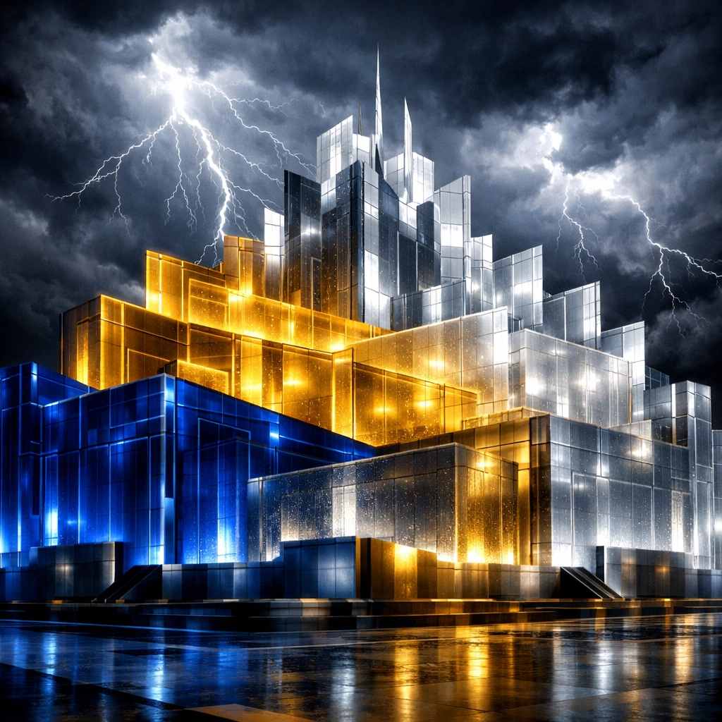 Multi-layered fortress visualizing institutional portfolio protection strategies in volatile markets