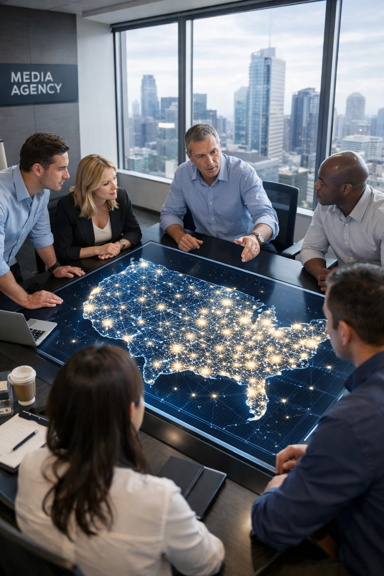 Media agency professionals tracking a network of student-athlete ambassadors on a digital map for Super Bowl 2026.