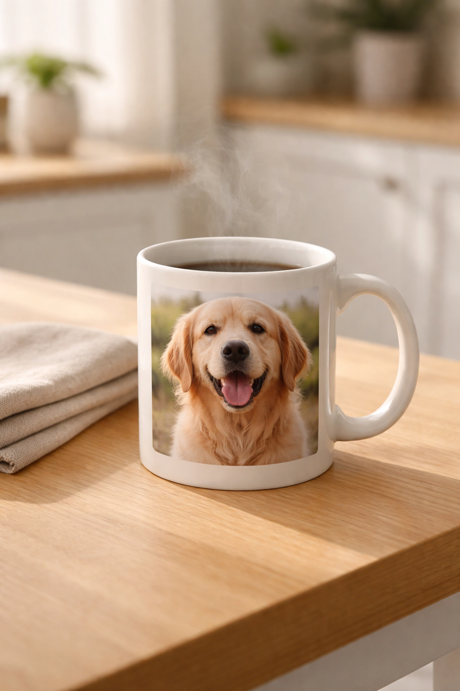 Custom mug printed with a golden retriever photo on a table, highlighting sentimental pet photo gifts