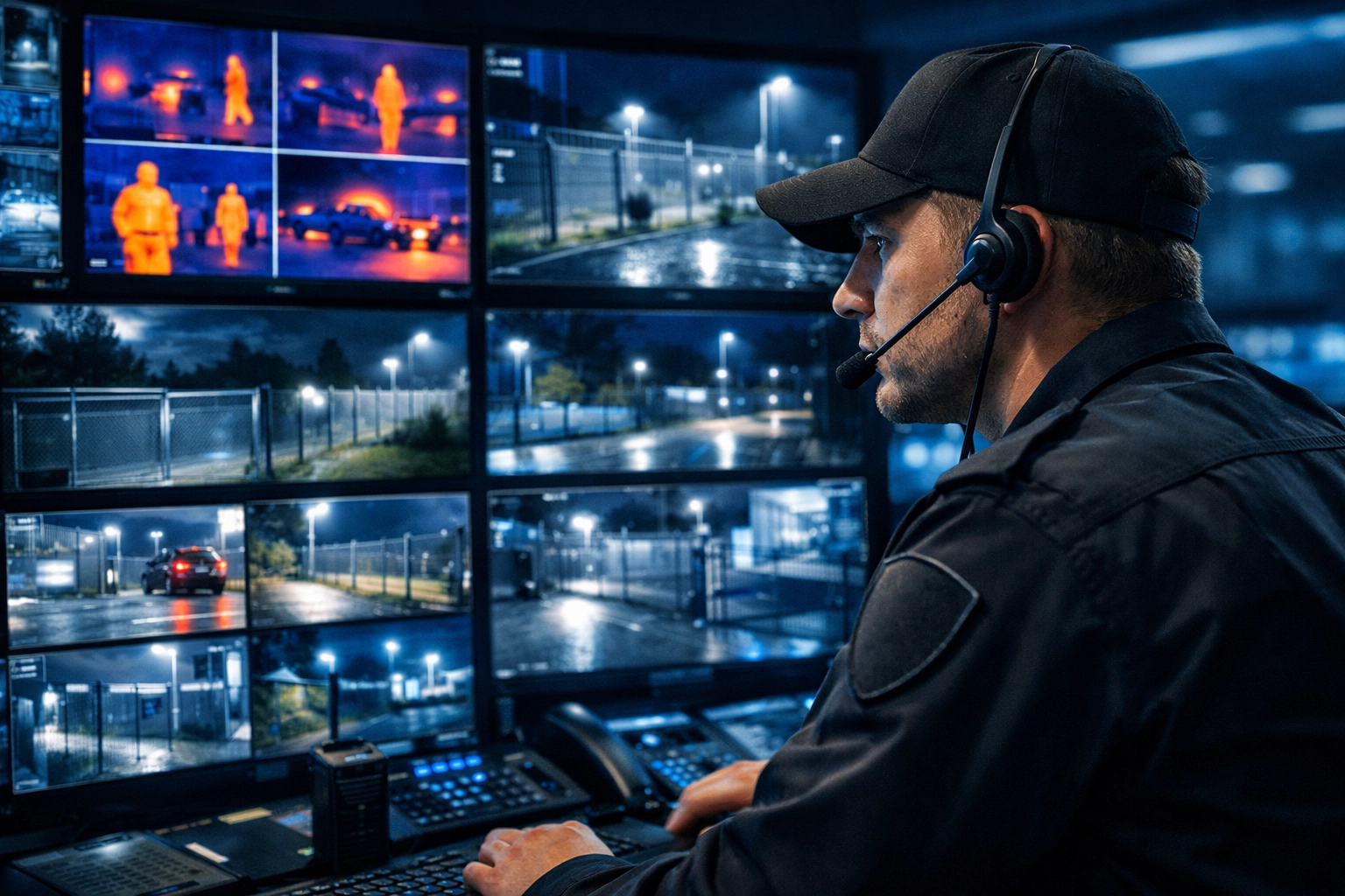 Security guard services California personnel monitoring high-tech surveillance feeds in a modern command center.