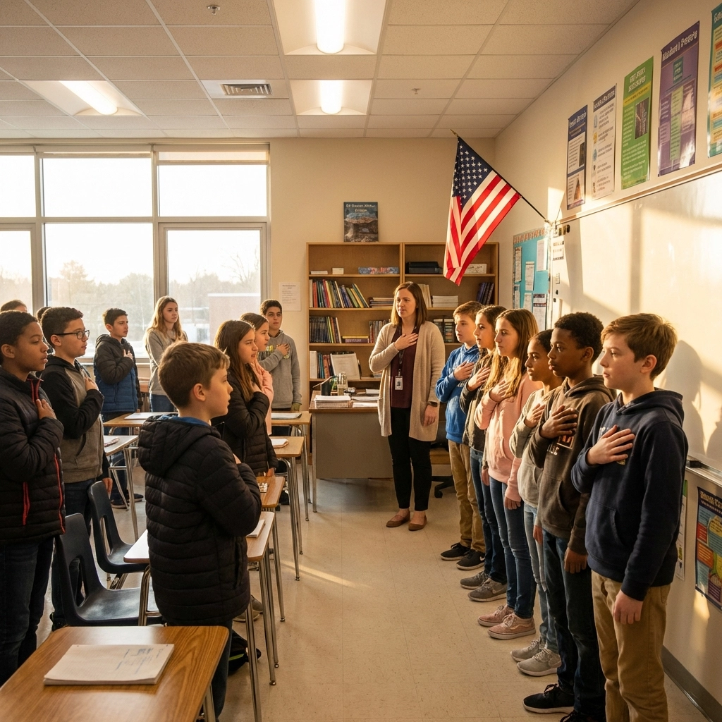 Diverse middle school students and teacher recite the Pledge of Allegiance in class, showing patriotism and unity.