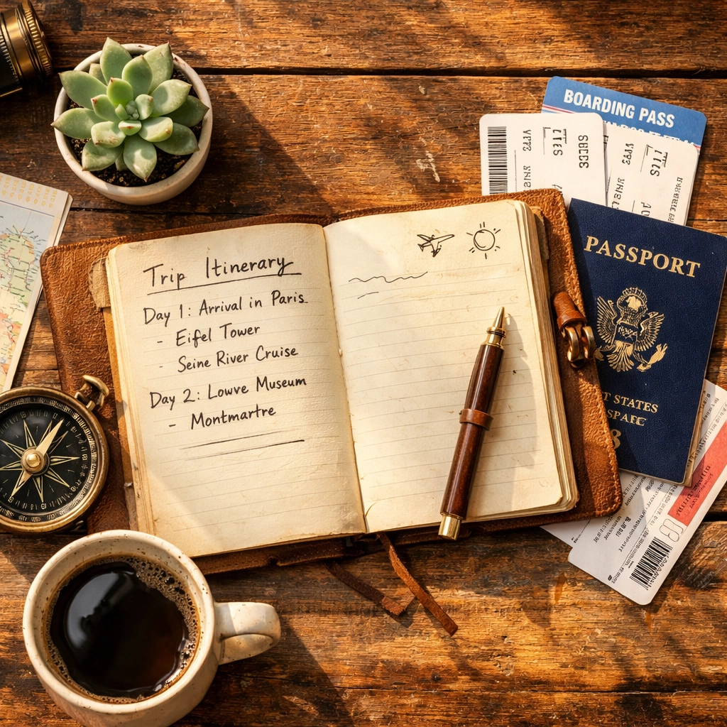Custom travel itinerary planning with journal, passport, and morning coffee