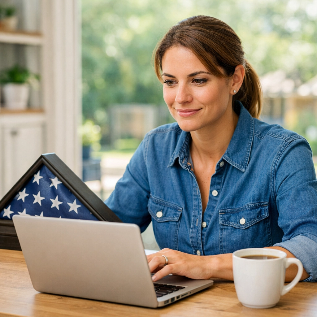 A female veteran working in a sunlit office, documenting progress and civic leadership through veteran initiatives.
