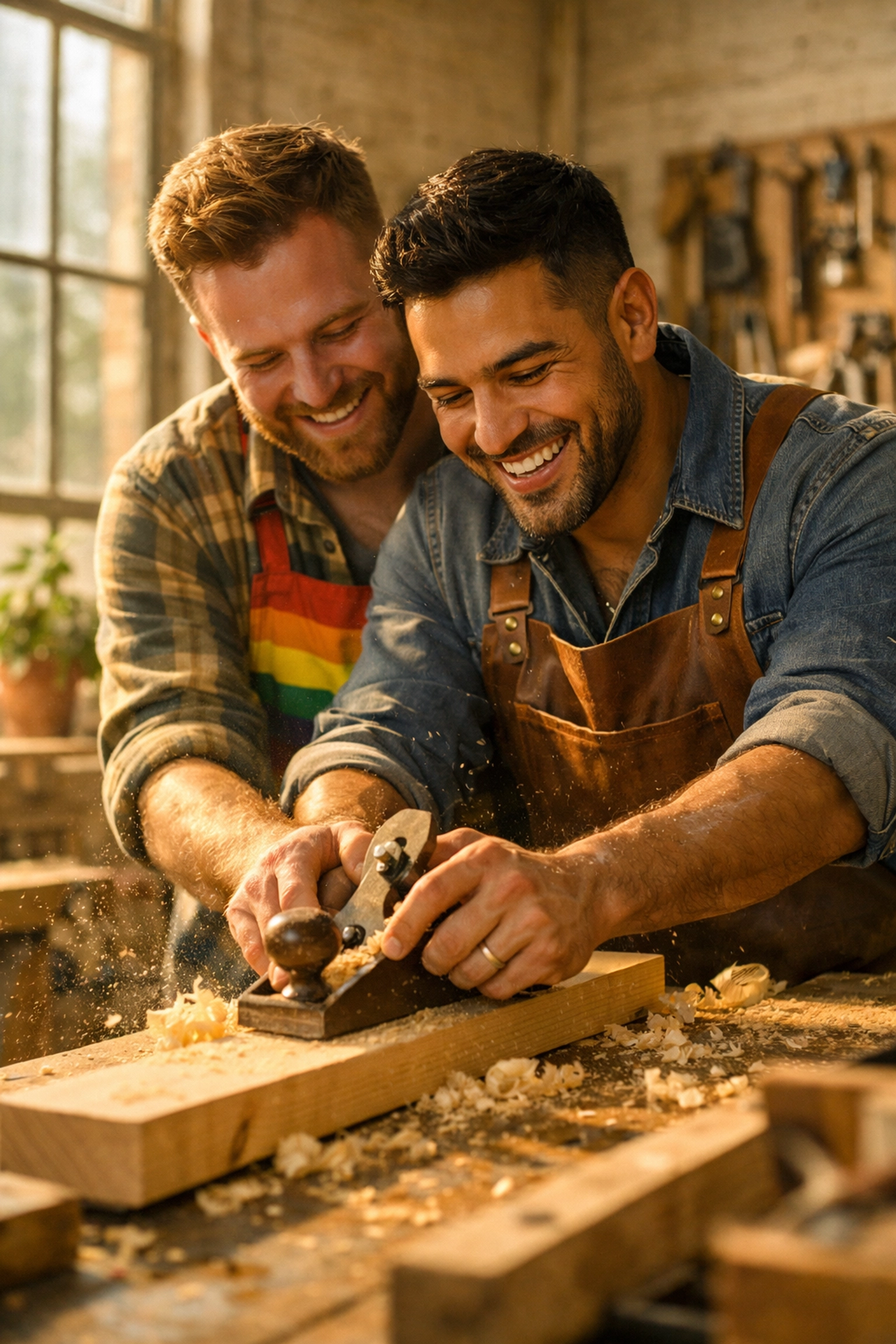 Two gay men bonding over woodworking, showing how queer hobbies build community through shared tasks.