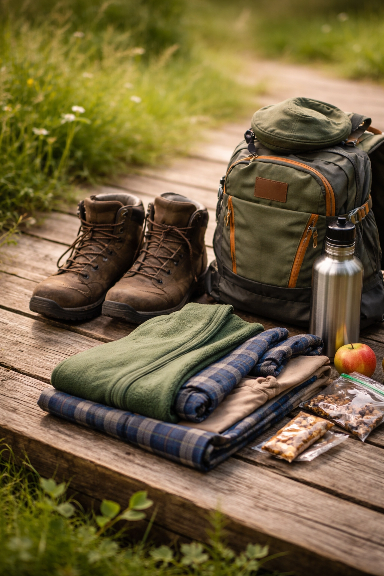 Essential hiking gear including boots and backpack, perfectly prepared for a guided walks Lake District adventure.