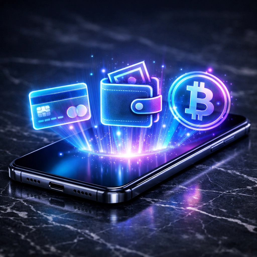 Smartphone displaying diverse global payment methods and digital wallets for international e-commerce.