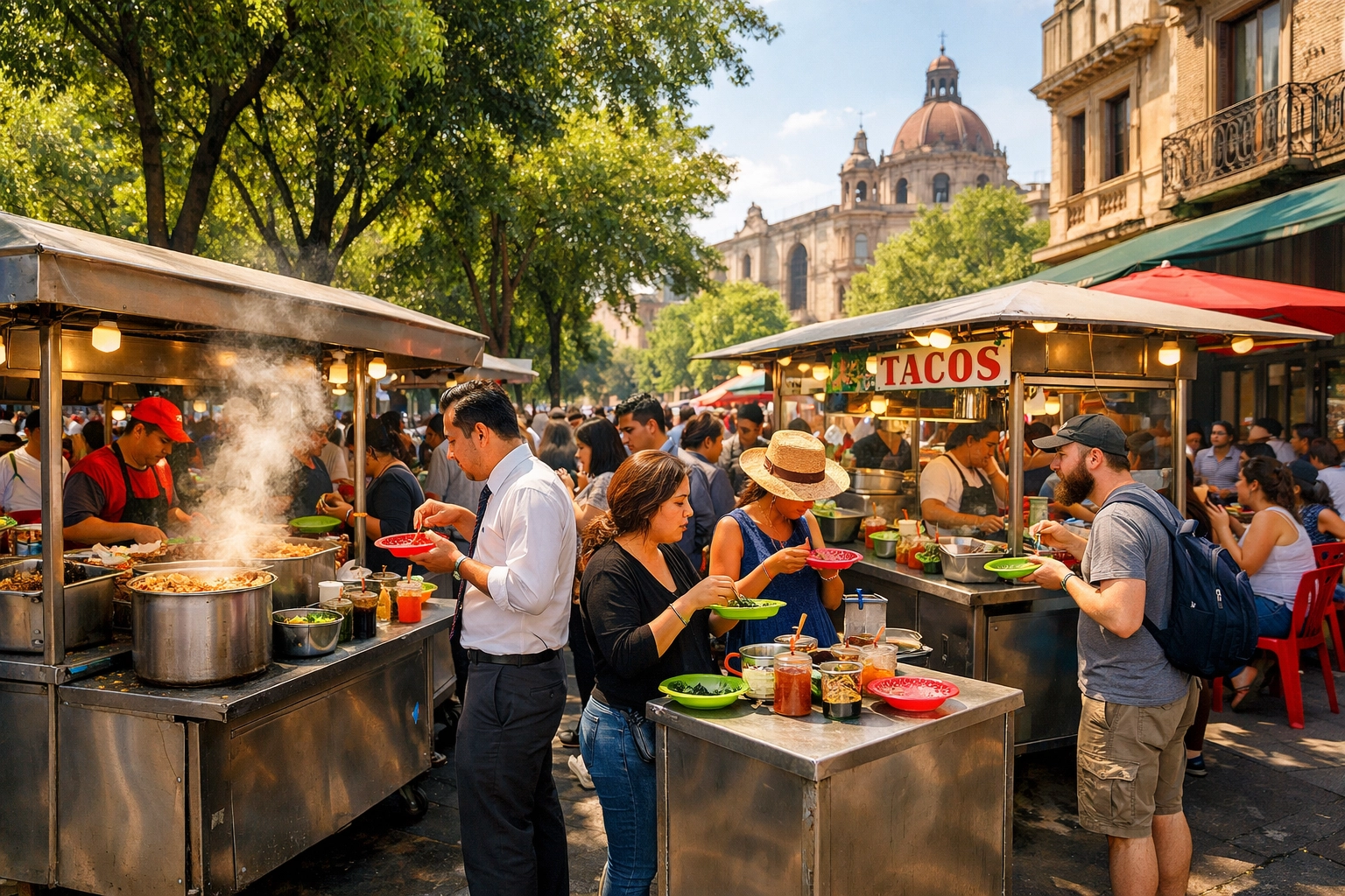 The Ultimate Guide to Mexico City Street Food: Everything You Need to Succeed on a Budget 1 Bustling street food stalls in Roma Norte, Mexico City, offering affordable local meals.