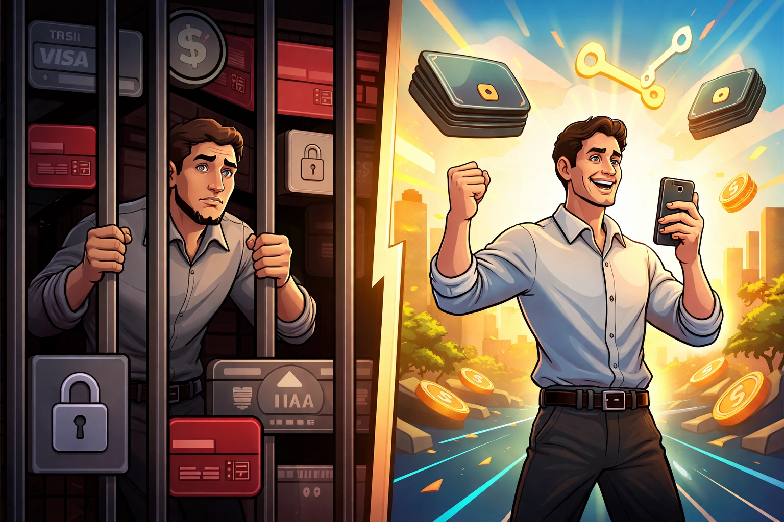 Comparison of old payment systems trapping merchants and new Web3 payments offering freedom and financial control