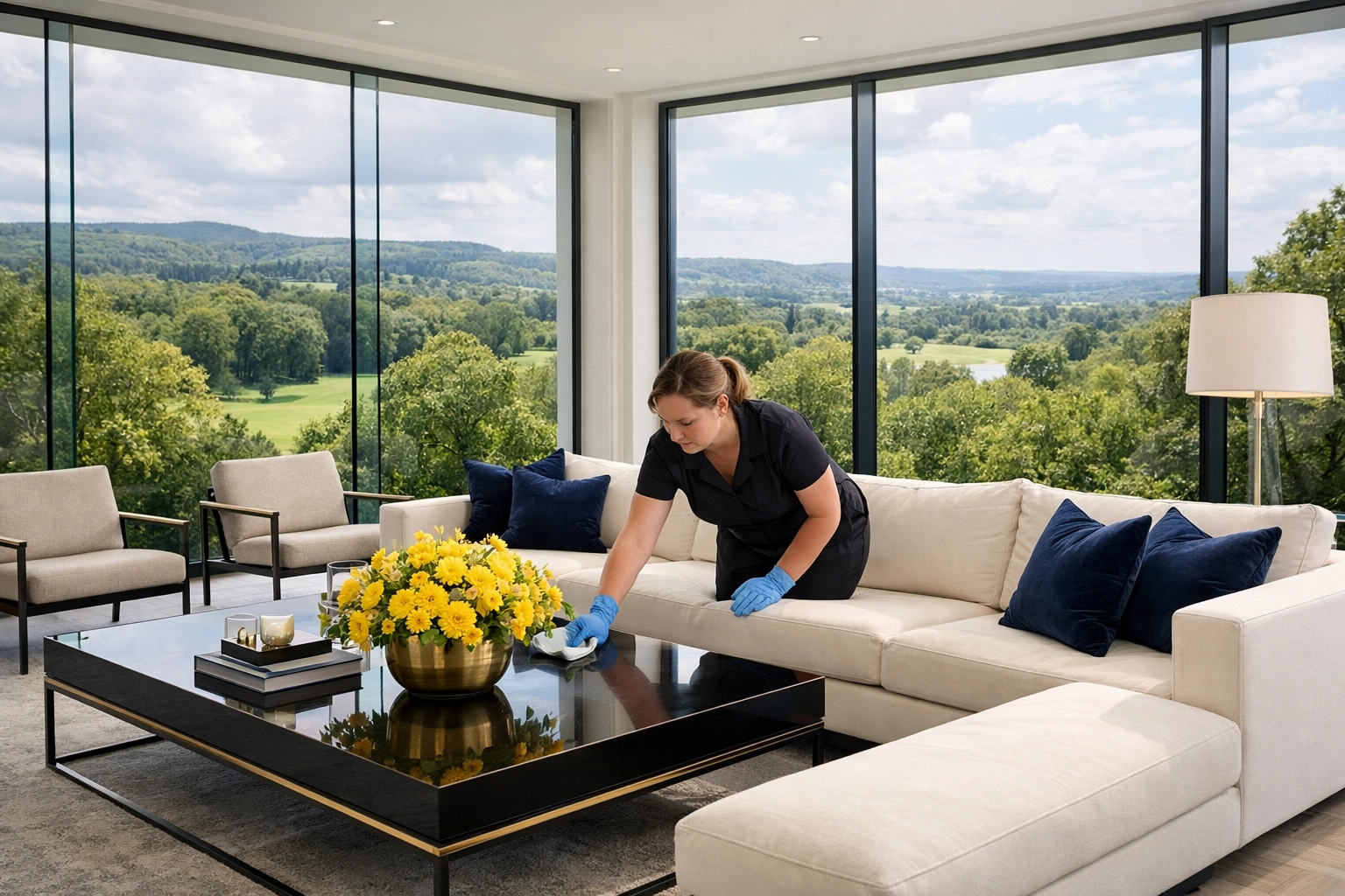 Professional residential cleaning service detailing a modern living room in Bolton, Massachusetts.