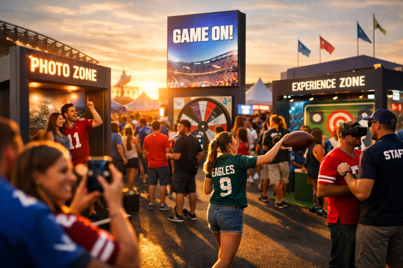 Brand activation at major sporting event featuring interactive fan zones and sponsorship installations